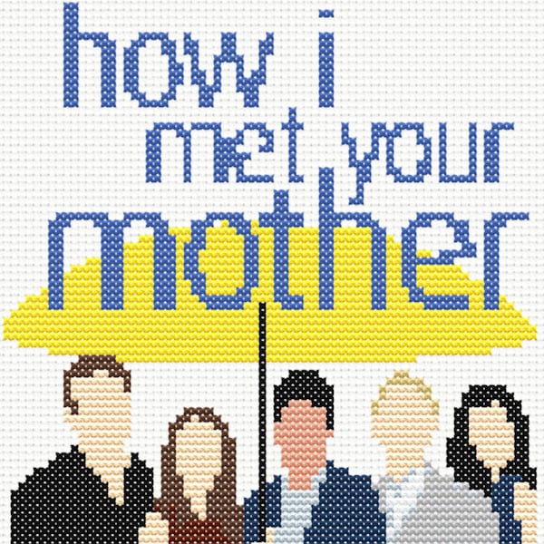 How I Met Your Mother Cross Stitch Pattern, HIMYM parody embroidery, Digital download, Barney Ted Marshall Lily Robin, yellow umbrella, fans