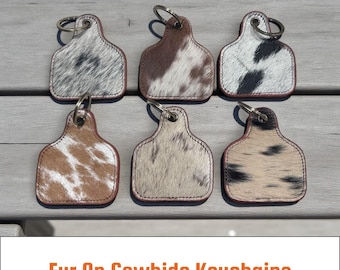Natural Double Sided Cowhide, cow tag shaped fur on keychains | Leather keychains