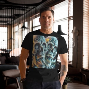 Crânes de cauchemar sur un t-shirt, trippy, unique, imprimé, psychédélique