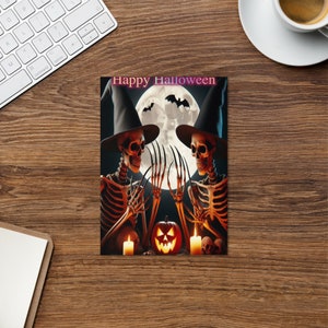 Tarjeta de Halloween con dos esqueletos, psicodélica, única, impresa