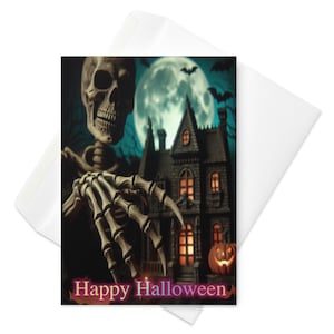 Scheletro di Halloween con biglietto di auguri di casa stregata di Halloween. Trippy, Unico, stampa, Psichedelico