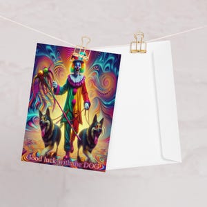 Carte de voeux clown promenant un chien, trippy, unique, imprimée, psychédélique