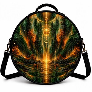 Puede incluir: Un bolso redondo negro con asa superior y correa ajustable. El panel frontal presenta un estampado detallado de un paisaje forestal con luz dorada brillante, pinos altos y patrones geométricos circulares reflejados en el agua.