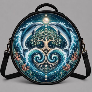May include: A round black crossbody bag featuring a vibrant circular graphic of two dolphins leaping over a stylized tree with roots forming ocean waves. The design includes coral, bubbles, and a central vertical line of white pearls against a deep blue background.