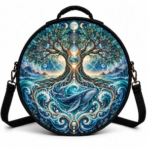 May include: A round black bag featuring a vibrant graphic print of a large tree with deep roots extending into turbulent ocean waves. A whale swims within the swirling blue water, while the tree canopy displays celestial moons and stars.