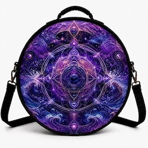 May include: A circular crossbody bag featuring a vibrant purple and blue cosmic design with intricate geometric patterns, swirling wave-like motifs, and a central orb. The bag has a black frame, a top handle, and adjustable black side straps.