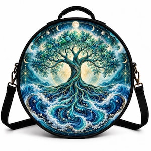 May include: A round black bag with a top handle and adjustable shoulder strap. The front features a vibrant illustration of a tree with blue leaves and roots extending into swirling ocean waves, accented by pearls and crescent moon motifs.