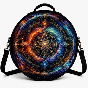May include: A round black shoulder bag featuring a vibrant, colorful cosmic design on the front. The graphic displays a symmetrical geometric pattern with swirling nebula clouds in shades of orange, red, and blue, accented by glowing golden light.