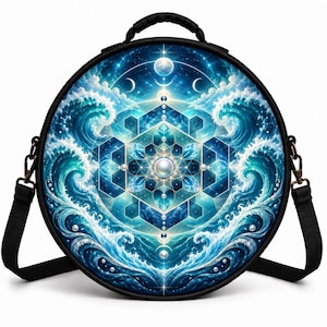 May include: A round black bag featuring a vibrant blue graphic print of crashing ocean waves, a central geometric flower pattern, and celestial moon phases. The bag includes a top handle and adjustable side straps with metal hardware clips.