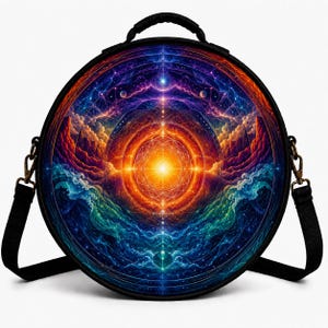 May include: A round black bag featuring a vibrant, colorful graphic print of a glowing sun-like center surrounded by intricate geometric patterns, swirling clouds, and cosmic nebula imagery in shades of orange, purple, blue, and deep indigo.