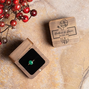 Personalized Wooden Wedding Engagement Ring Box, Custom Engraved Walnut Oak Ring Box, Square Ring Bearer, Proposal Ring Box Holder