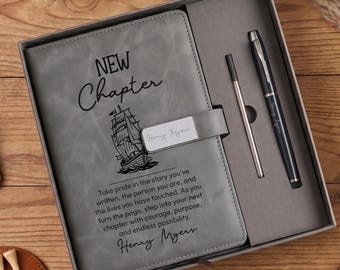 Personalized New Chapter Leather Notebook Set with Pen, Graduation Gift 2026, Engraved Journal Set, Personalized Coworker Farewell Gift