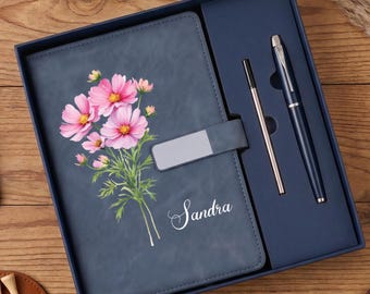 Personalized Birth Flower Notebook & Pen Set, Custom Name Leather Journal, Birth Month Flower Gift, Birthday Gift for Her, Teacher Gift