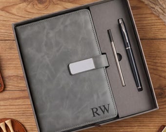 Personalized A5 Leather Notebook with Name, Custom Journal Set with Pen, Initial Gift, New Job Present