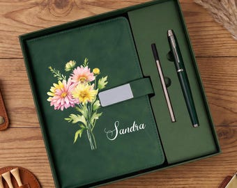 Könnte beinhalten: Ein dunkelgrünes Notizbuch-Set in einer passenden Box mit Blumenillustration und dem Namen Sandra auf dem Einband. Das Set enthält einen dunkelgrünen Stift und einen dünnen Metallstift. Daneben liegen ein brauner Lederclip und ein runder Holzuntersetzer.
