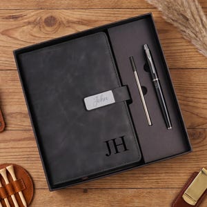 Personalized Leather Journal and Pen Set, Custom Engraved Notebook for Him