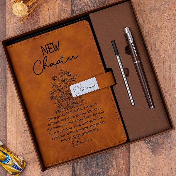 New Chapter Journal, Personalized Engraved Leather Notebook Set with Pen, Personalized Gift for Boss Leaving New Job Gift, Retirement Gift