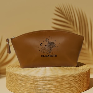 Custom Name Cosmetic Bag, Personalized Zodiac Sign Makeup Bag, Zodiac Makeup Bag, Zodiac Moon Gift, Zodiac Leather Makeup Bag, Gift For Her