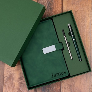Custom Engraved Leather Journal Set with Pen, Personalized Notebook Gift