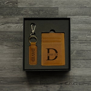 Juego de llavero y billetera delgada de cuero personalizado, juego de llavero y tarjetero de cuero minimalista, regalos de San Valentín para el esposo