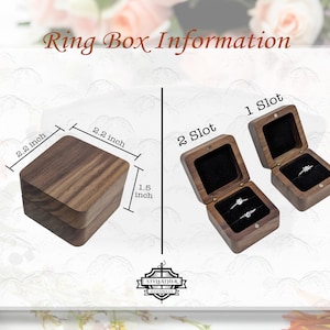 May include: Wooden ring boxes with black velvet interiors. One box has two slots, the other has one. The closed box is 5.6 x 5.6 x 3.8 cm. The text "Ring Box Information" is at the top.