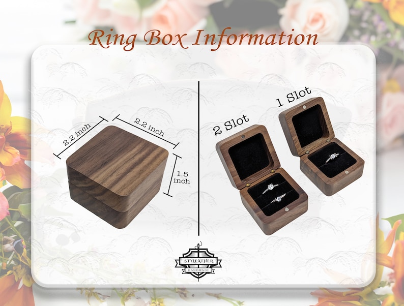 May include: Wooden ring boxes with black velvet interiors. One box has two slots, the other has one. The closed box is 5.6 x 5.6 x 3.8 cm. The text "Ring Box Information" is at the top.
