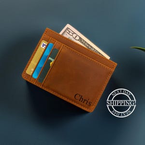 Cartera delgada personalizada, tarjetero minimalista de cuero, regalo para el Día del Padre, regalo de aniversario para él, regalo para novio, regalo para él