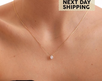 Teardrop Diamond Necklace, Pear Diamond Necklace, Minimalist Jewelry, Perfect Gift for Her