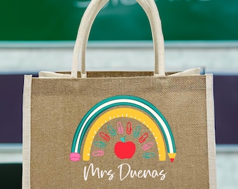 Personalization Teacher Name Tote Bag, Teacher Appreciation Gift, Boho Rainbow Tote Bag, Teachers Gift, Gift For Teacher, Christmas Gifts