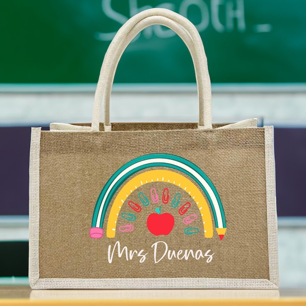 Personalization Teacher Name Tote Bag, Teacher Appreciation Gift, Boho Rainbow Tote Bag, Teachers Gift, Gift For Teacher