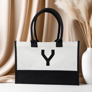 Personalized Monogram Burlap Bag, Beach Tote Bag, Initial Tote Bag, Bridesmaid Gift, Tote Custom Beach Bag Gift for Her, A-Z - Black