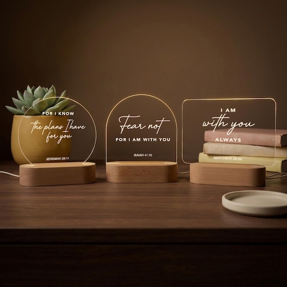 Custom Bible Verse Night Light, Personalized Christian LED Lamp, Religious Gift for Her, Faith Decor, Scripture Light with Wooden Base
