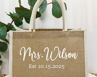 Mrs. Last Name Est Year Tote Bag, Personalized Date Wedding, Mother's Day Gifts, Honeymoon Gift Customized Wedding Gift, Bridesmaid Gift