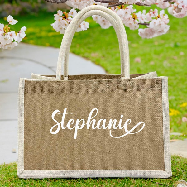 Personalized Burlap Tote Bags, Wedding Favors Gift for Her, Custom Name Jute Bag, Bachelorette Party Monogram Beach Bag, Bridesmaid Gift Bag