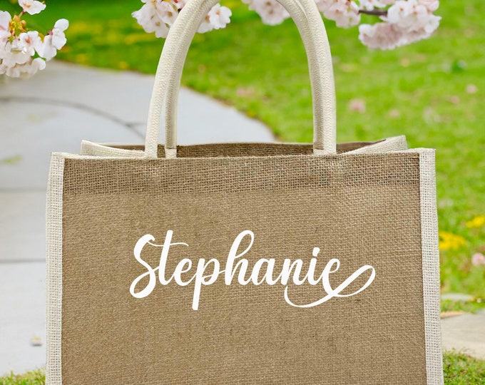Personalized Burlap Tote Bags, Wedding Favors Gift for Her, Custom Name Jute Bag, Bachelorette Party Monogram Beach Bag, Bridesmaid Gift Bag
