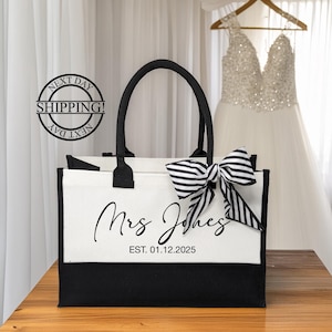 Bride Tote Bag, Personalized Mrs. Last Name Burlap Wedding Beach Bags, Valentine Gift For Her