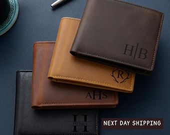 Personalized Leather Wallet, Engraved RFID Men Wallet, Custom Fathers Day Bifold Gift for Dad, Husband, Boyfriend, Him, Anniversary ,Dad,Son