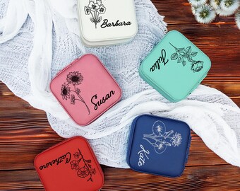 Custom Jewelry Box, Birth Flower Patterned Personalized Jewelry Travel Case, Jewelry Organizer For Her