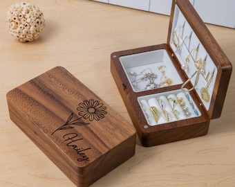 Custom Birth Flower Black Walnut Jewelry Box, Personalized Gift, Birthday Gift for Her