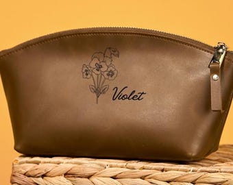 Personalized Leather Makeup Bag, Monogram Cosmetic Pouch, Bridesmaid Wedding Gift
