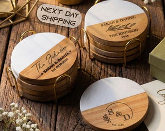 Personalized Wedding Gift, Coaster Set for Couples, Custom Wood Anniversary Christmas Gift for Her, Engagement, Bridal Shower, New Home