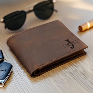Cartera de cuero personalizada con RFID, cartera de cuero genuino grabada, regalo de aniversario para él, hombre, padre, esposo, novio