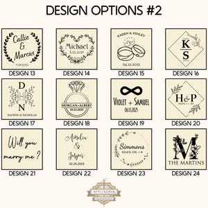 May include: A selection of personalised design options for events. Each design includes names, dates, and decorative elements such as wreaths, rings, and floral accents. The designs are presented on a light beige background, with text in a classic font.