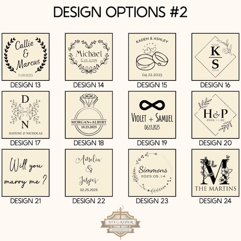 May include: A selection of personalised design options for events. Each design includes names, dates, and decorative elements such as wreaths, rings, and floral accents. The designs are presented on a light beige background, with text in a classic font.