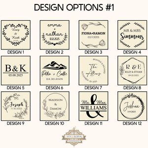 May include: A selection of 12 design options for custom items, each showcasing names, initials, or dates. The designs incorporate decorative elements such as floral wreaths, hearts, and geometric shapes, set against a cream-coloured backdrop.