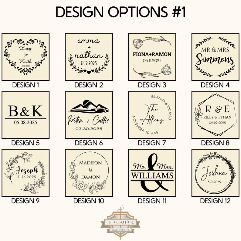 May include: A selection of 12 design options for custom items, each showcasing names, initials, or dates. The designs incorporate decorative elements such as floral wreaths, hearts, and geometric shapes, set against a cream-coloured backdrop.