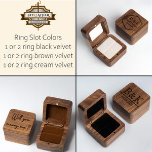 May include: Wooden ring boxes with engraved initials and dates. The boxes are open and closed, showcasing black, brown, and cream velvet ring slots. The text on the boxes includes "Will you marry me?" and "STYLEATHER HANDMADE".