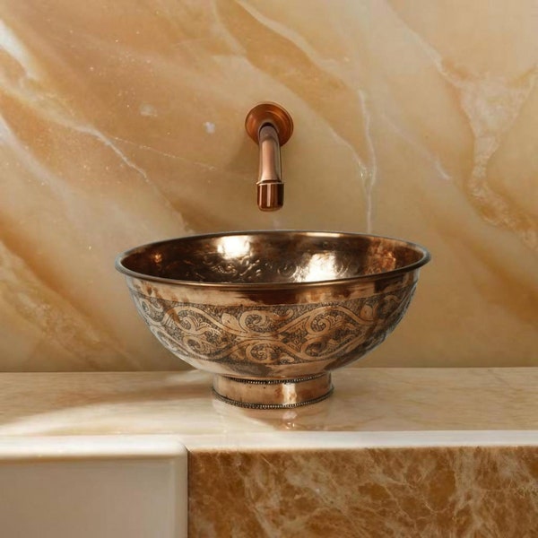 Copper Vessel Sink Bathroom ,Antique Engraved Copper Bowl Sink