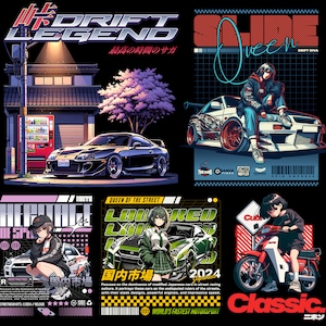 Puede incluir: Un collage de cuatro im&aacute;genes que muestran la cultura japonesa de las carreras callejeras. La imagen superior izquierda muestra un coche deportivo negro aparcado frente a un edificio con un &aacute;rbol de cerezo en flor rosa. La imagen superior derecha muestra un coche deportivo blanco con una mujer con un mono azul y una chaqueta rosa. La imagen inferior izquierda muestra un coche deportivo verde con una mujer con uniforme escolar. La imagen inferior derecha muestra a una mujer conduciendo una motocicleta roja y blanca con el texto "Classic" en blanco y negro.