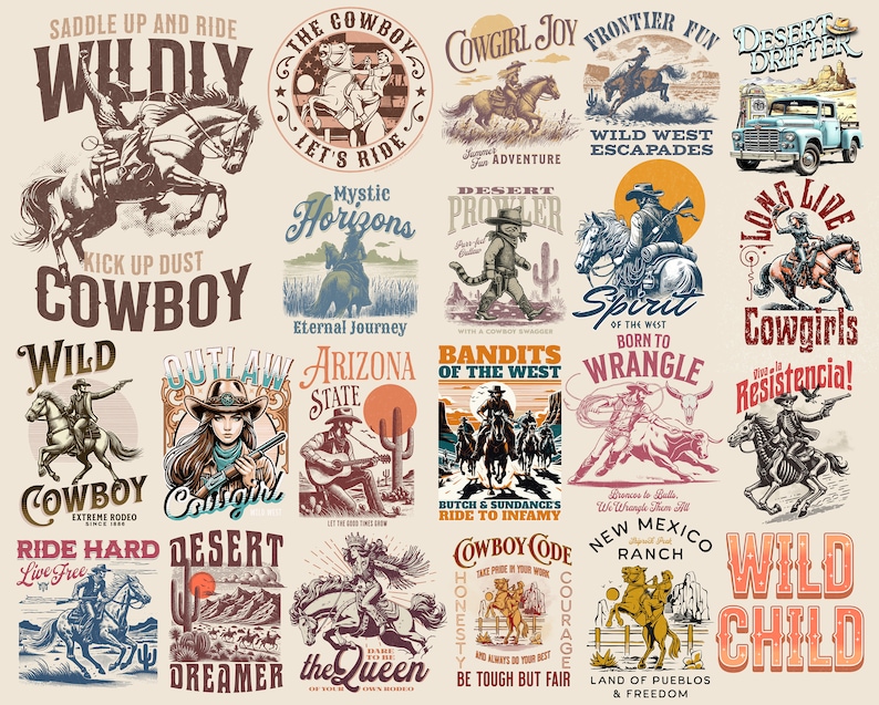 Retro Western-paket PNG, Western Sublimation-paket, Cowboy Cowgirl png, Country T-shirtdesign, Howdy png, Rodeo png bild 1